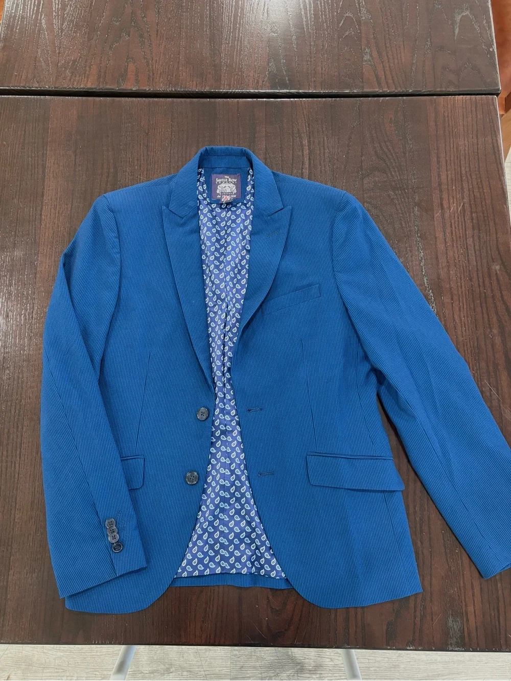 Men's Blue Textured Blazer with Patterned Lining